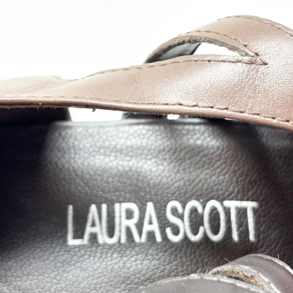 90s Laura Scott Jill Brown Leather Strappy Lace Up Block Heel Sandals Size 10M‎